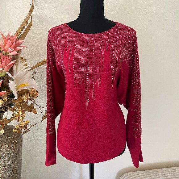 Liv Milano Oversized Sleeves Red Sweater with Rhinestones - Picture 1 of 8